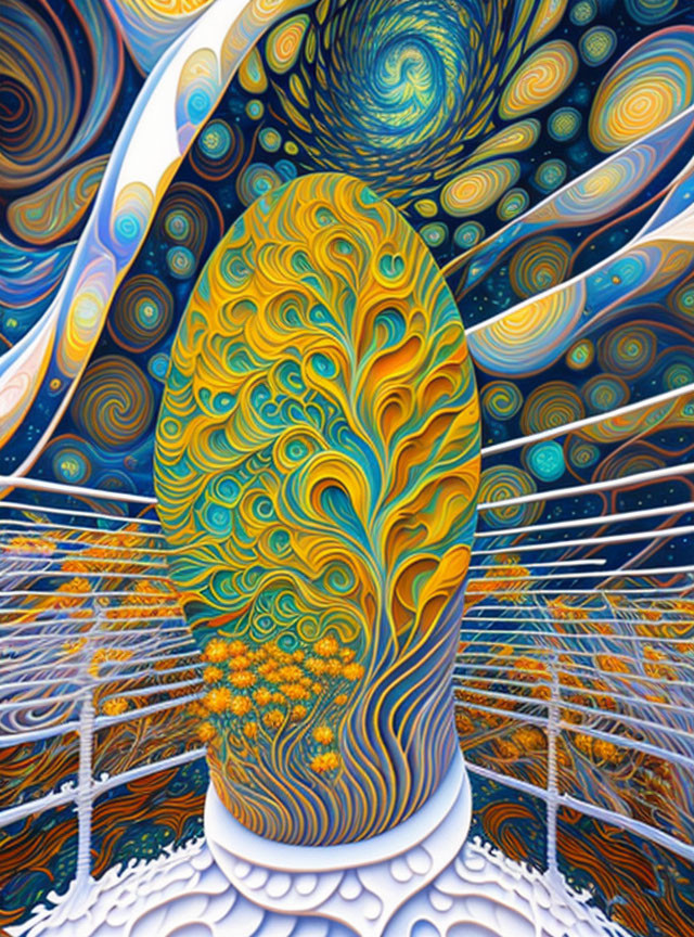 Colorful Psychedelic Artwork with Flame-like Pattern in Blue and Yellow