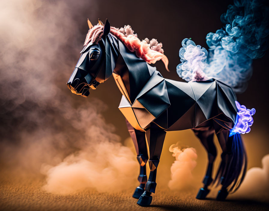 Geometric Horse Sculpture with Colorful Smoke on Dark Background