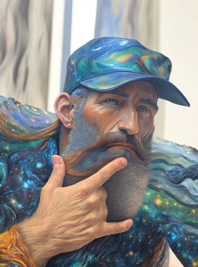 Bearded man in cosmic outfit touching beard thoughtfully