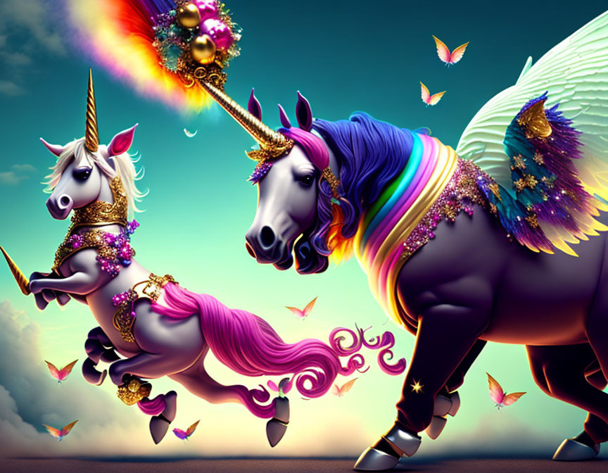 Colorful Stylized Unicorns with Golden Horns and Butterflies on Sky-Blue Background