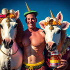 Stern man between two horses with fire helmets and torch