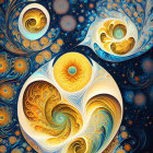 Colorful Yin and Yang symbol with swirling patterns and stars in warm oranges and cool blues