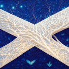 Stylized white tree digital artwork on blue background