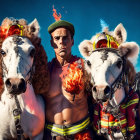 Stylized portrait with person in military attire, flanked by horses with bandanas and goggles,