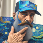 3D artwork blending man with Starry Night painting and peace sign gesture.