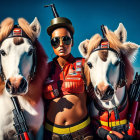 Two children in sunglasses with stern expressions between two horses under dramatic sky