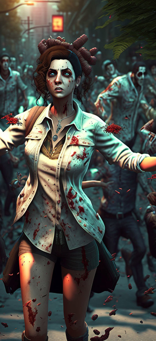 Blood-spattered woman with dramatic makeup and zombies in background