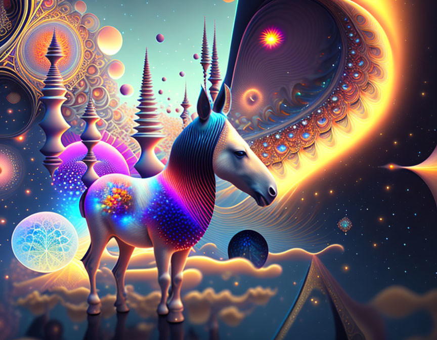 Vibrant surreal image: Unicorn with glowing mane in fantastical landscape.