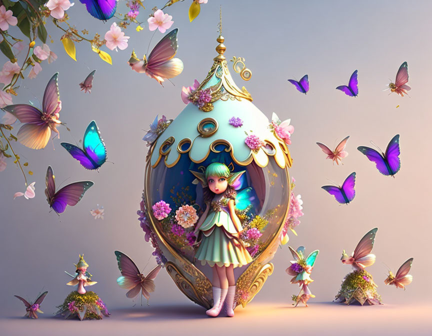 Girl in Giant Ornate Egg Surrounded by Butterflies and Fairies