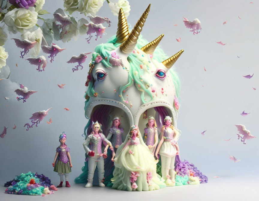 Large Unicorn Head Structure with Whimsical People, Flying Fish, and Flowers