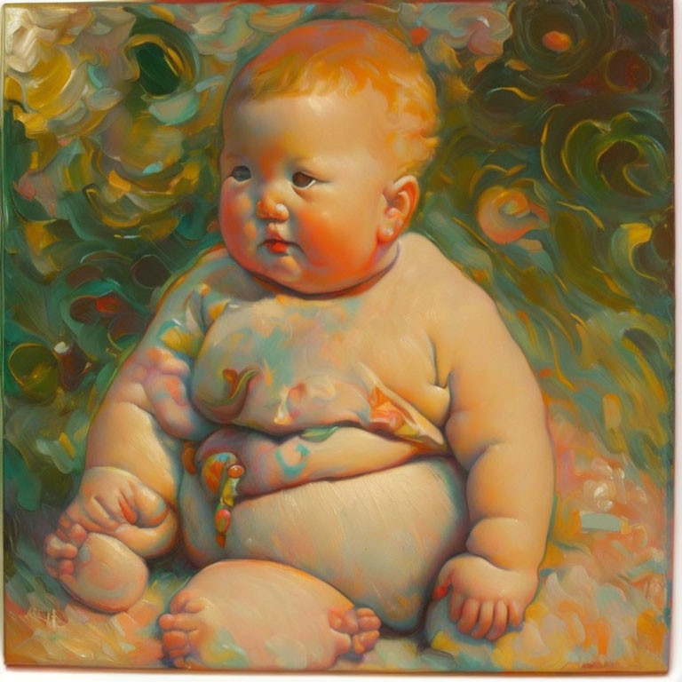 Chubby Baby Painting with Contemplative Expression