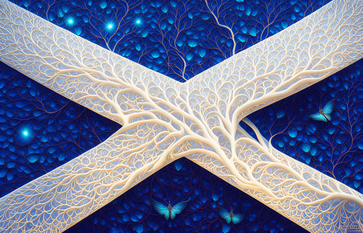 Stylized white tree digital artwork on blue background