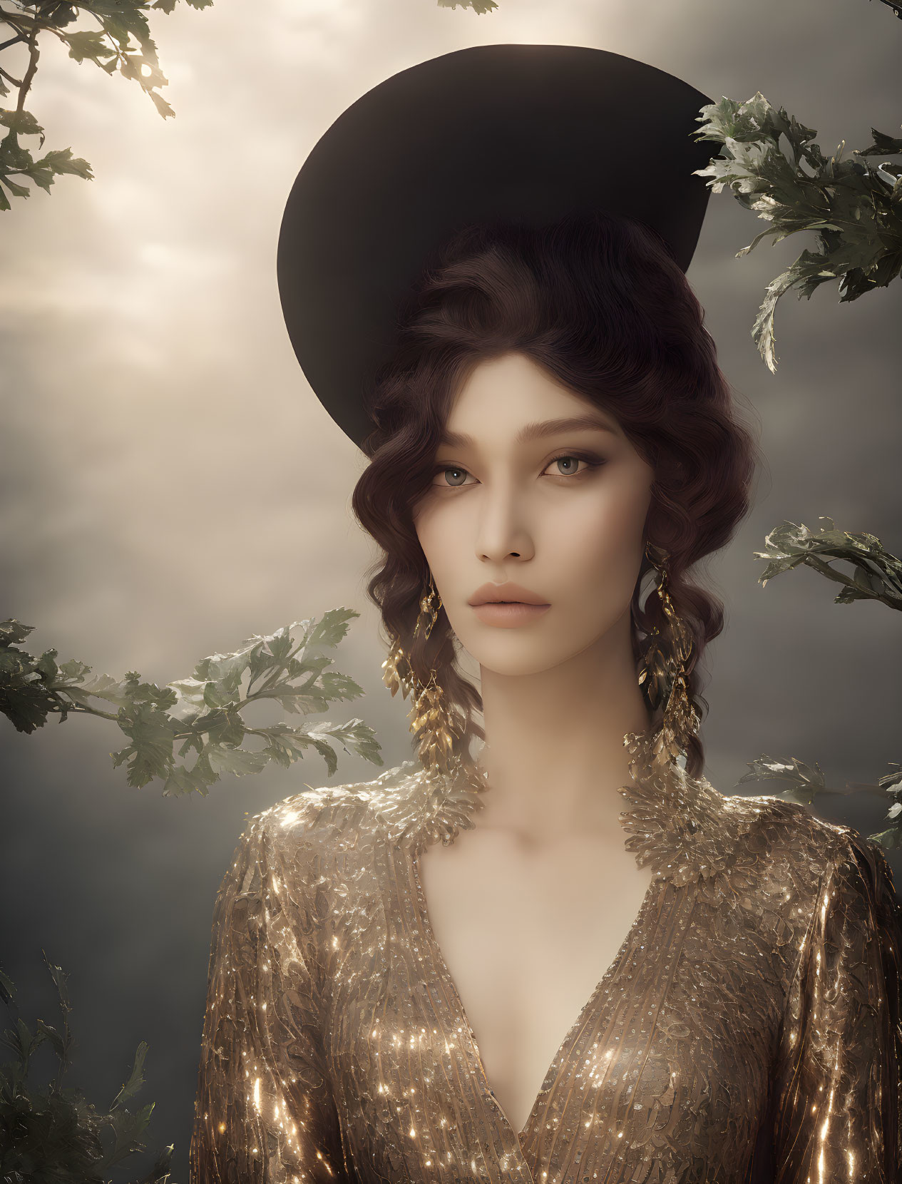 Curly-haired woman in gold dress and black hat in dreamy setting.