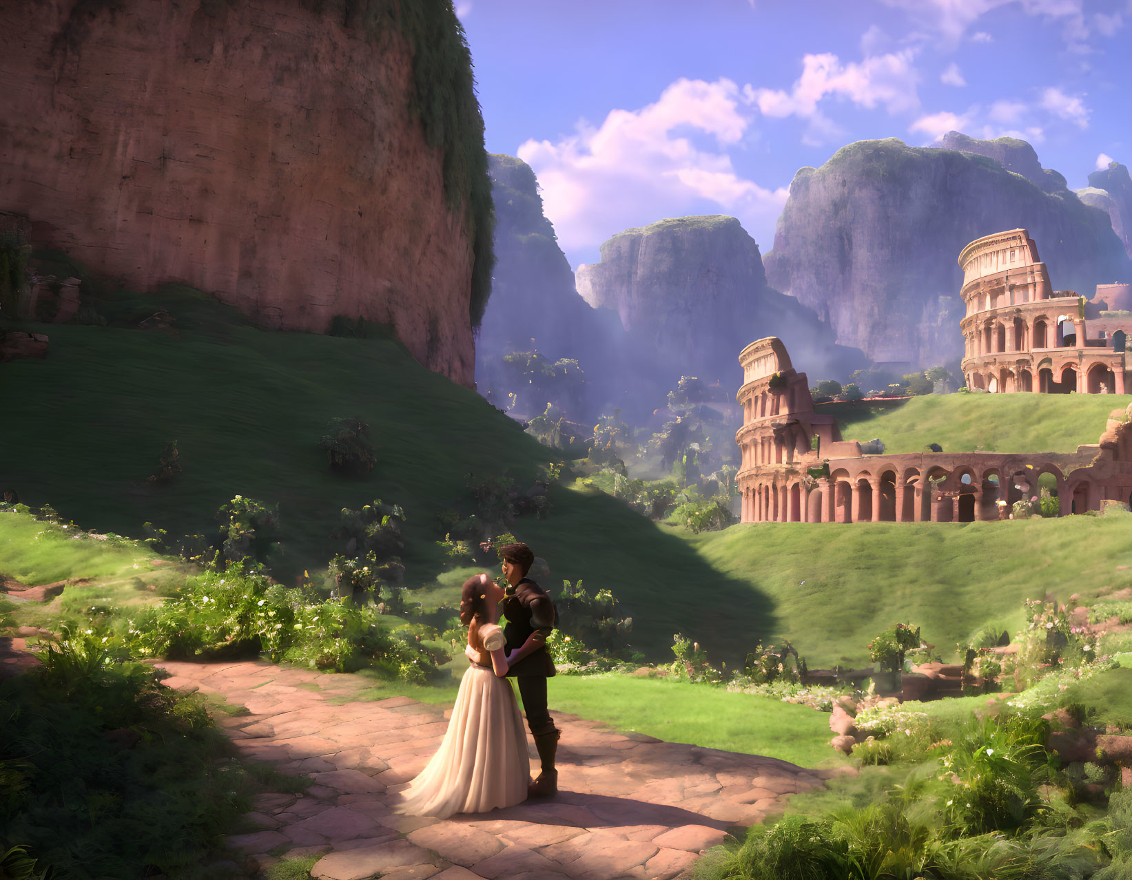 Animated characters in romantic scene in lush valley with ancient ruins and cliffs