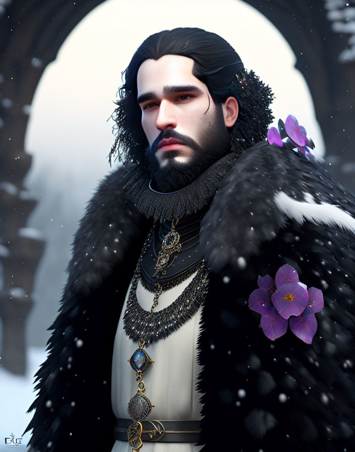 Digital portrait of man in medieval attire with fur cloak and purple flower