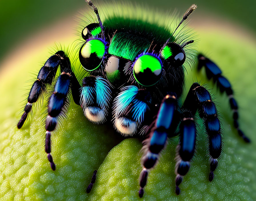 Colorful jumping spider with vibrant green hues and iridescent blue markings on green leafy background.