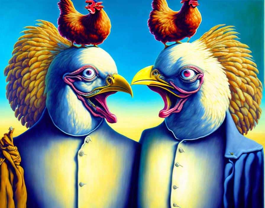 Surreal bird-headed figures in formal attire with roosters atop against blue backdrop