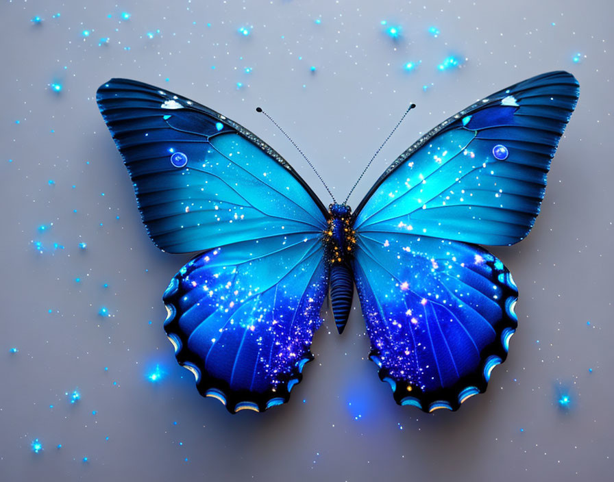 Vibrant blue butterfly with glowing patterns on starry grey background