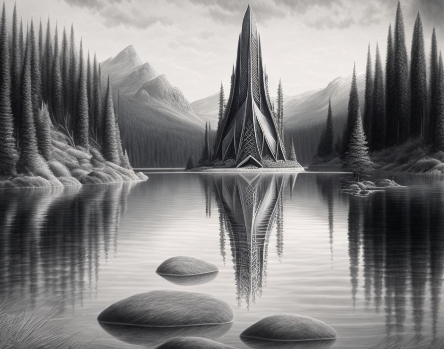 Monochrome futuristic building with spire-like features reflected in lake, pine forest, mountains