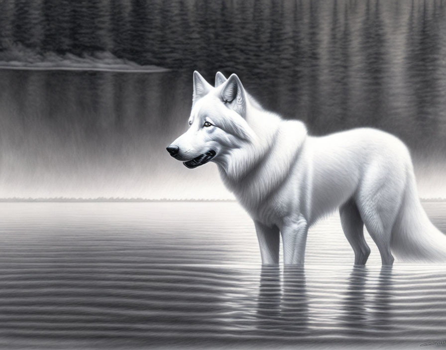 White Wolf Standing by Reflective Water in Monochromatic Forest