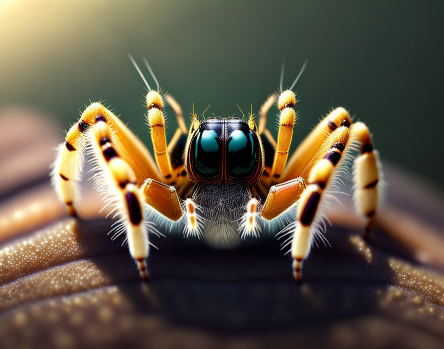 Colorful Jumping Spider with Blue-Green Eyes and Striped Legs on Textured Surface