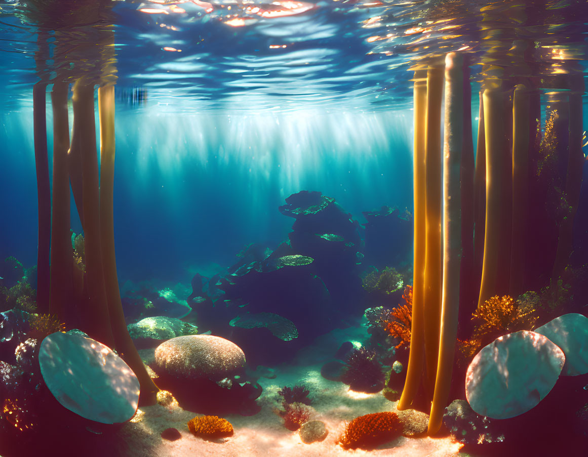 Ocean floor with tall kelp, corals, and sea life under sunbeams