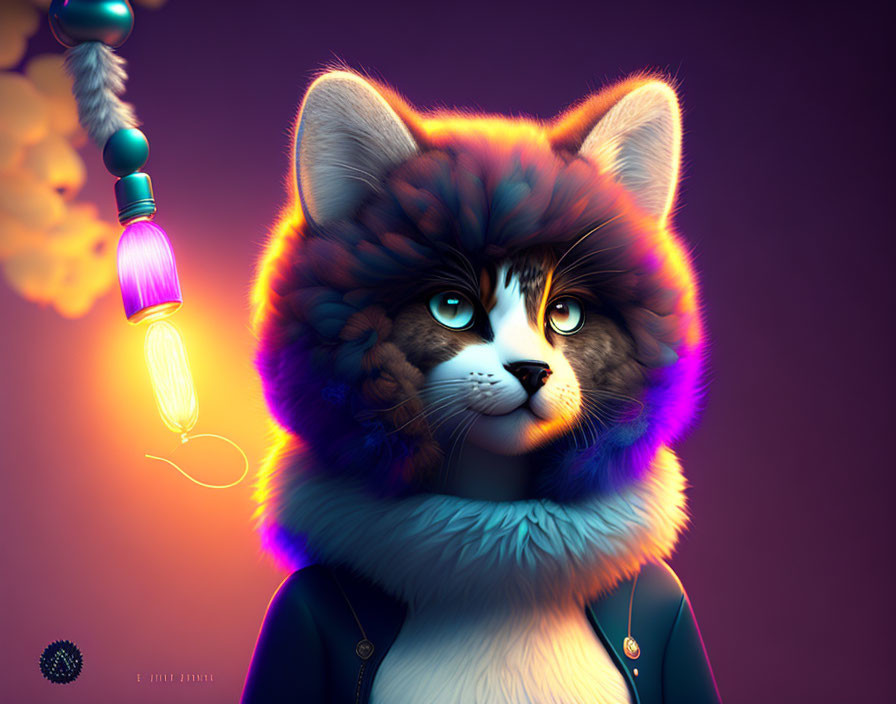 Stylized digital artwork: Cat with human-like blue eyes in jacket under purple light