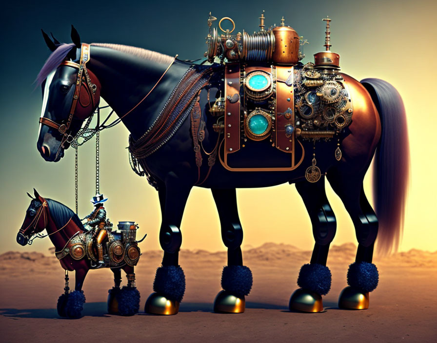 Steampunk image featuring large mechanical horse and smaller version with intricate gears and glowing elements in desert setting