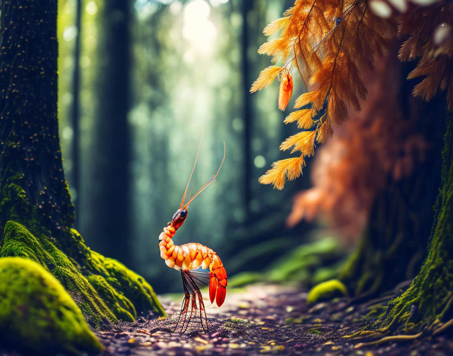 Autumn Leaves and Twigs Form Shrimp Creature in Enchanted Forest