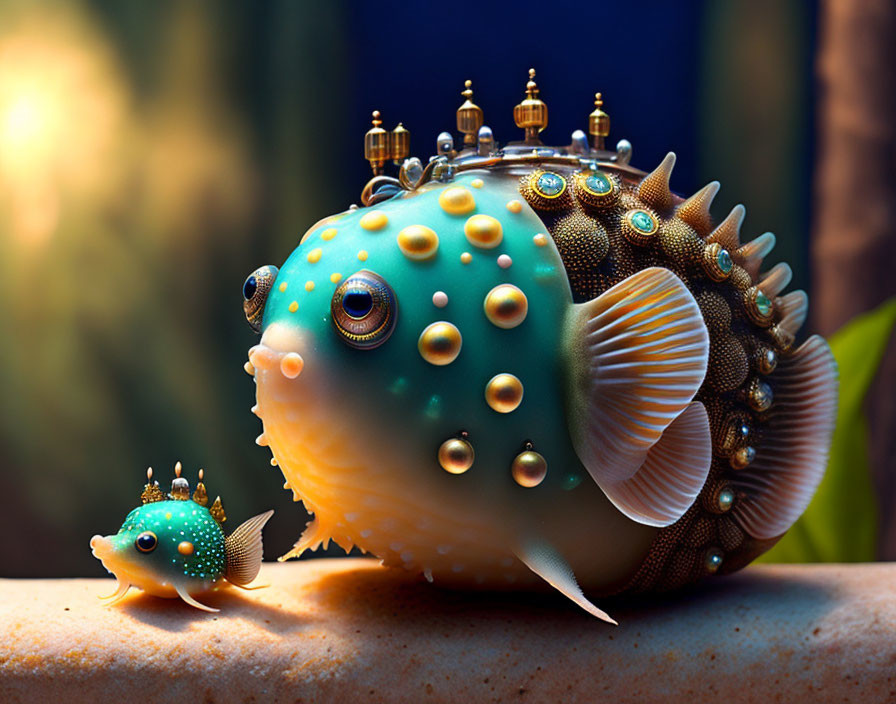 Whimsical fish with intricate patterns swim near seabed