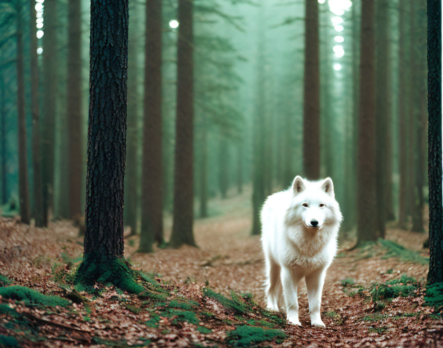 White Wolf in Serene Forest with Misty Atmosphere