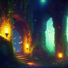 Twilight enchanted forest scene with glowing lanterns and fireflies