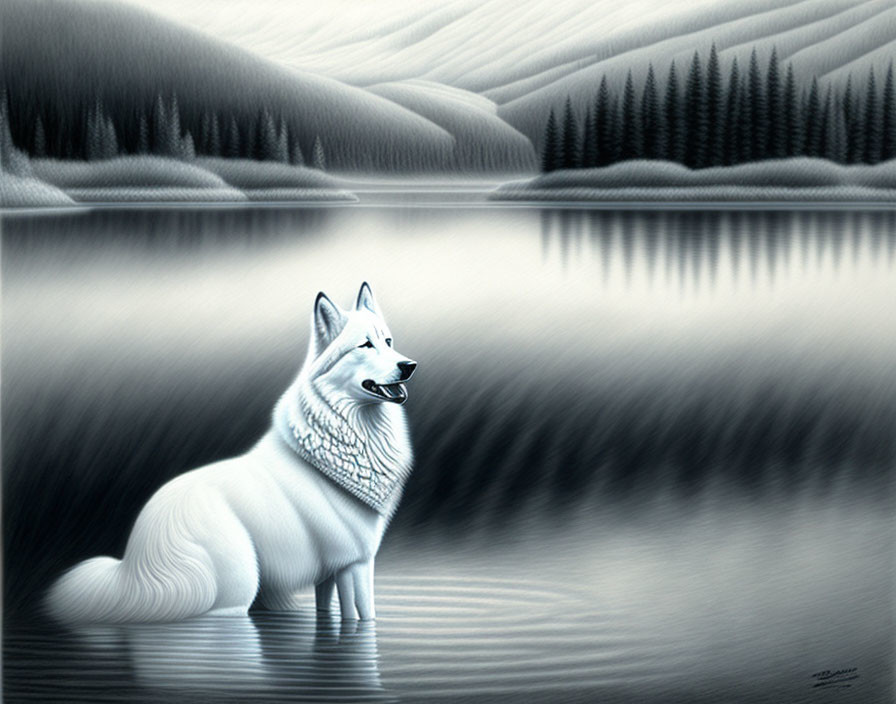 White wolf resting by serene lake in monochromatic landscape