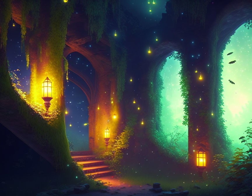 Twilight enchanted forest scene with glowing lanterns and fireflies