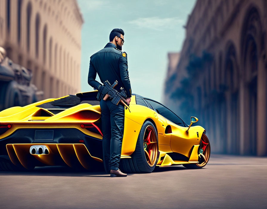 Man in suit and sunglasses next to yellow sports car on city street