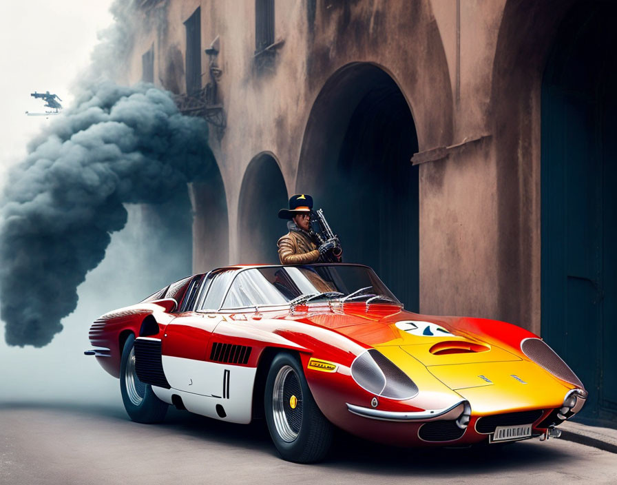 Retro outfit person with trumpet next to red sports car on street with archways and drone in smoke