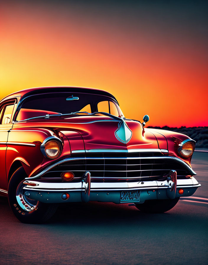 Classic Red Car Parked Against Orange Sunset Sky