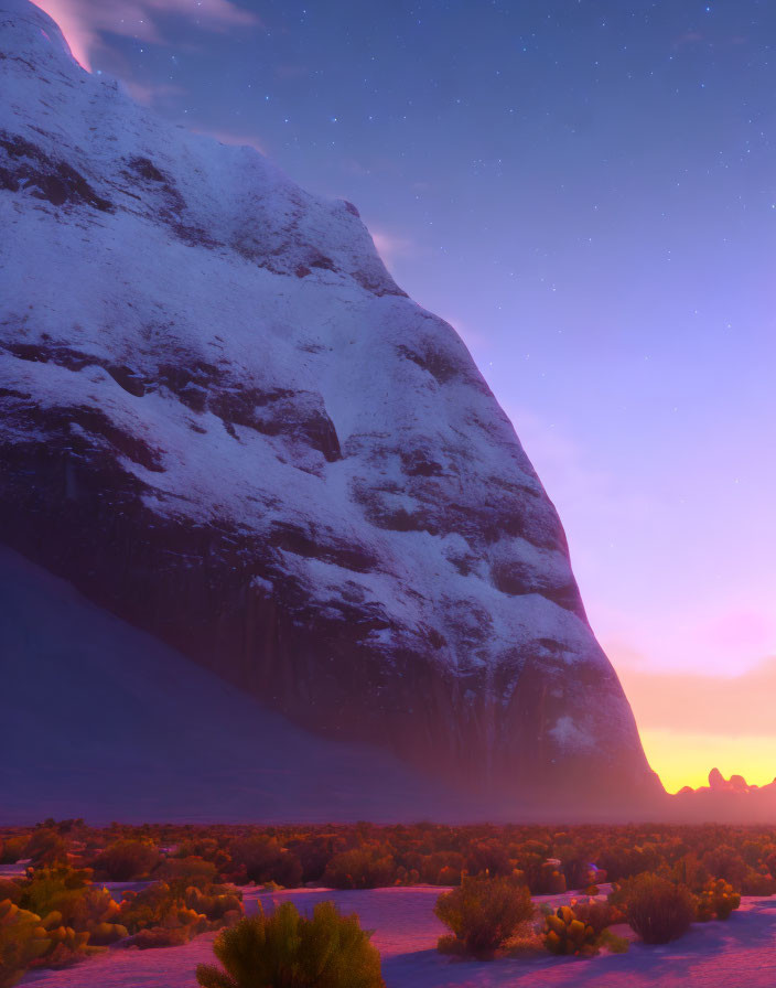 Snowy Mountain Twilight Sky with Desert Vegetation at Dusk