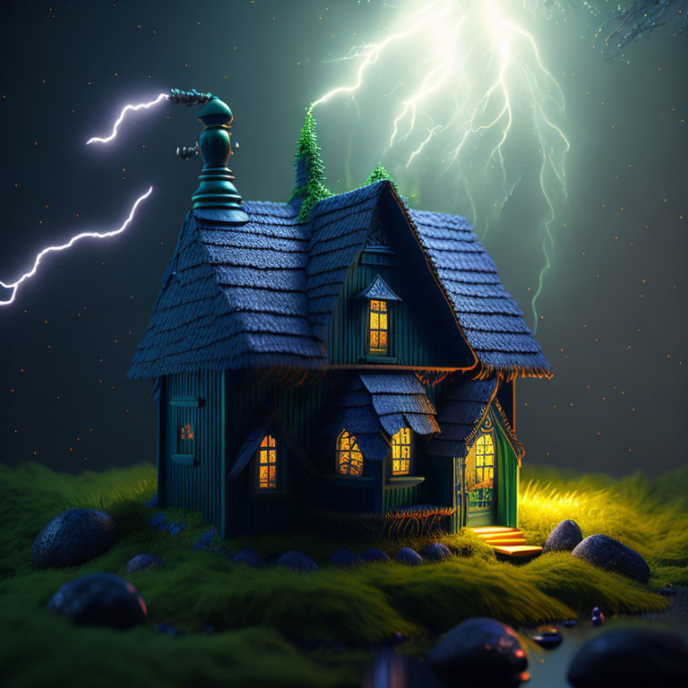 Cozy cottage in starlit night with glowing windows