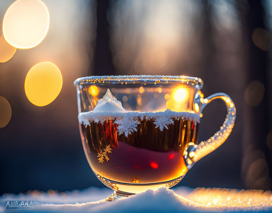 Transparent cup with sugared rim and snowflake pattern in warm beverage, against soft-focus bokeh lights