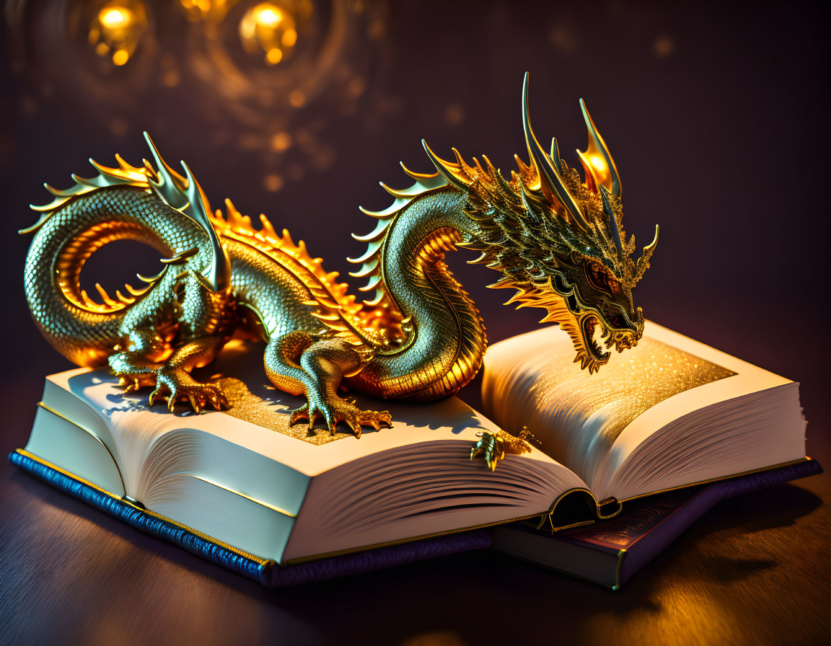 Golden dragon figurine emerging from glowing book on dark surface