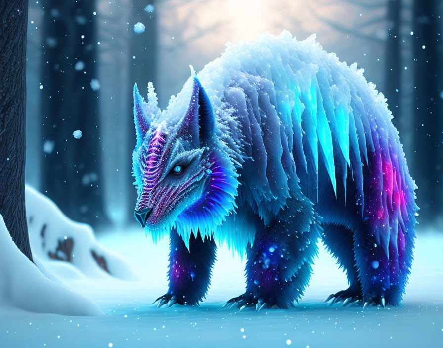 Iridescent-scaled creature in snowy forest with blue to pink mane