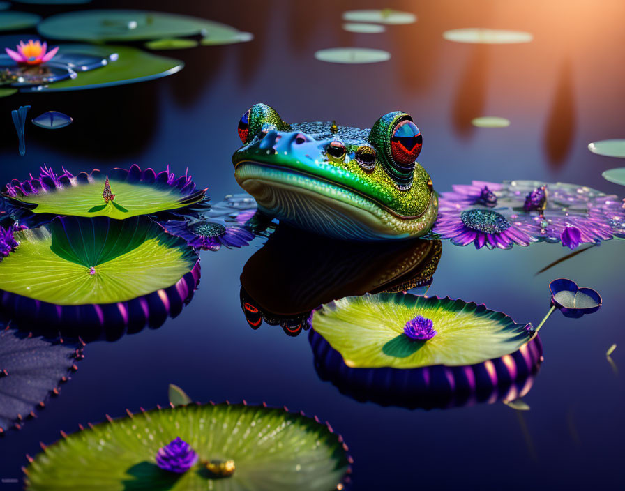 Vibrant frog on lily pad with water lilies in tranquil pond