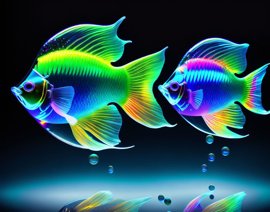 Vibrant neon-colored fish with flowing fins and tails on dark background