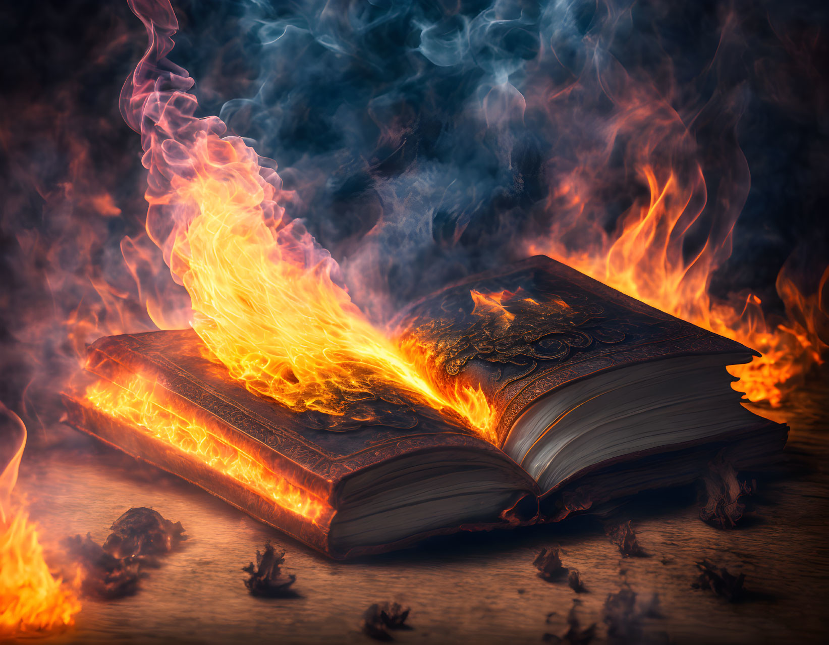 Fiery orange flames and blue smoke on open book against dark background