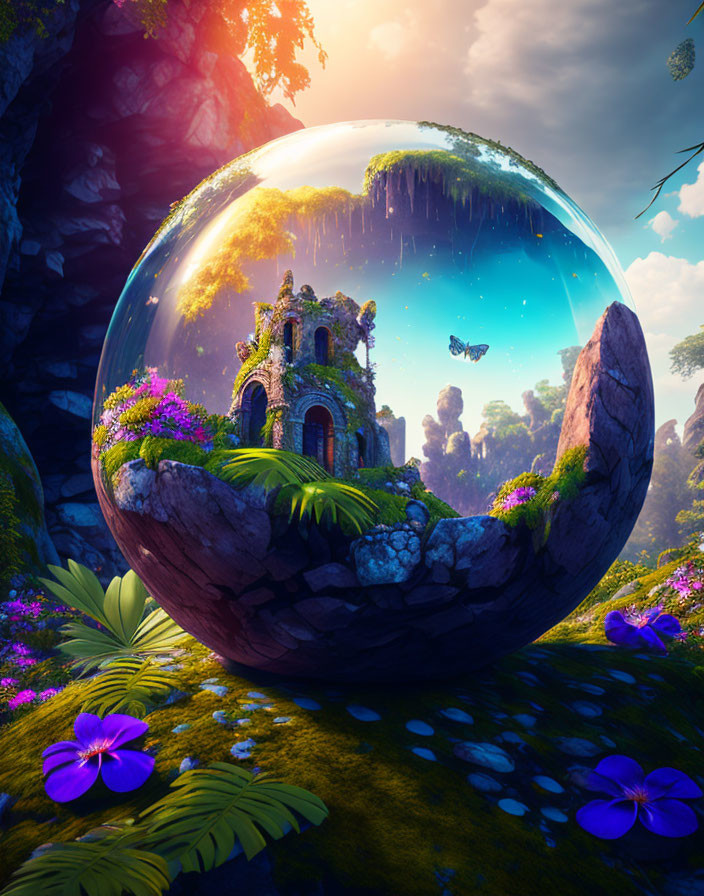 Transparent sphere encases old stone structure in lush, fantastical scene