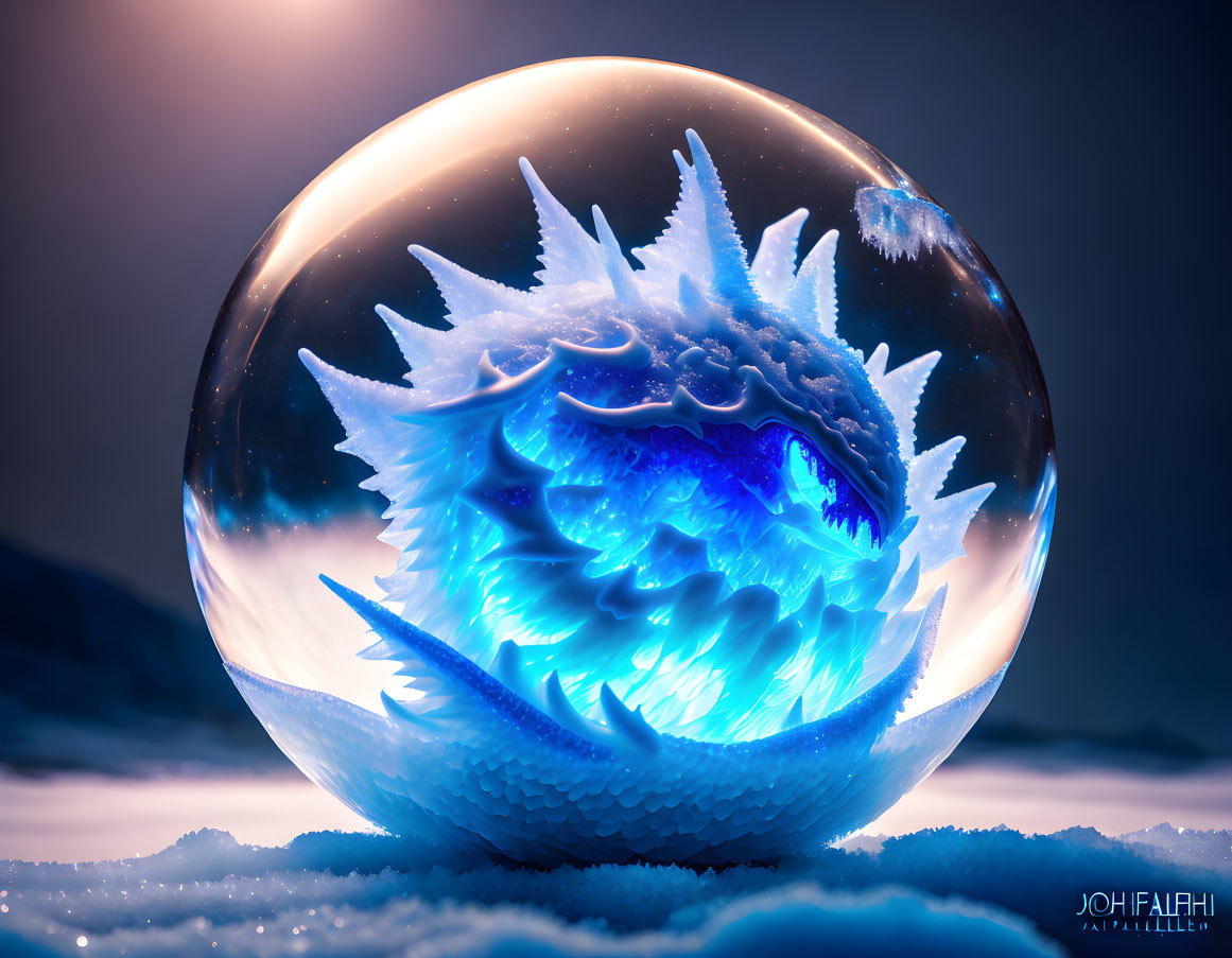 Fantastical dragon in ice sphere on blue snowy landscape