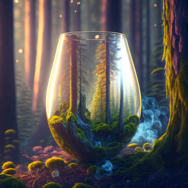 Miniature forest in glass with moss-covered trees and ethereal light