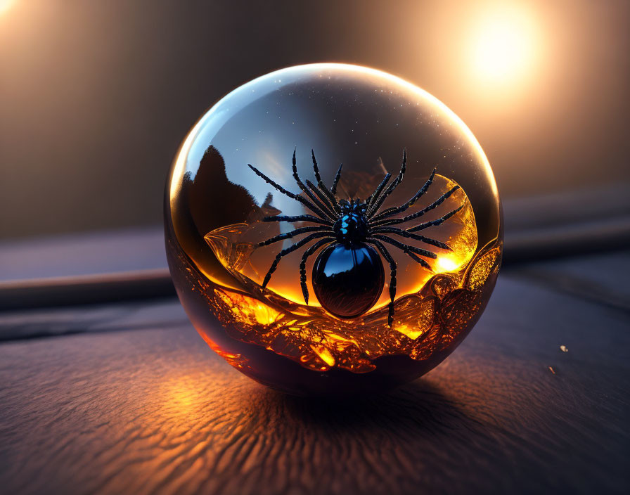 Crystal ball with glowing warm light, spider silhouette, intricate web, leafy branches, dusky backdrop