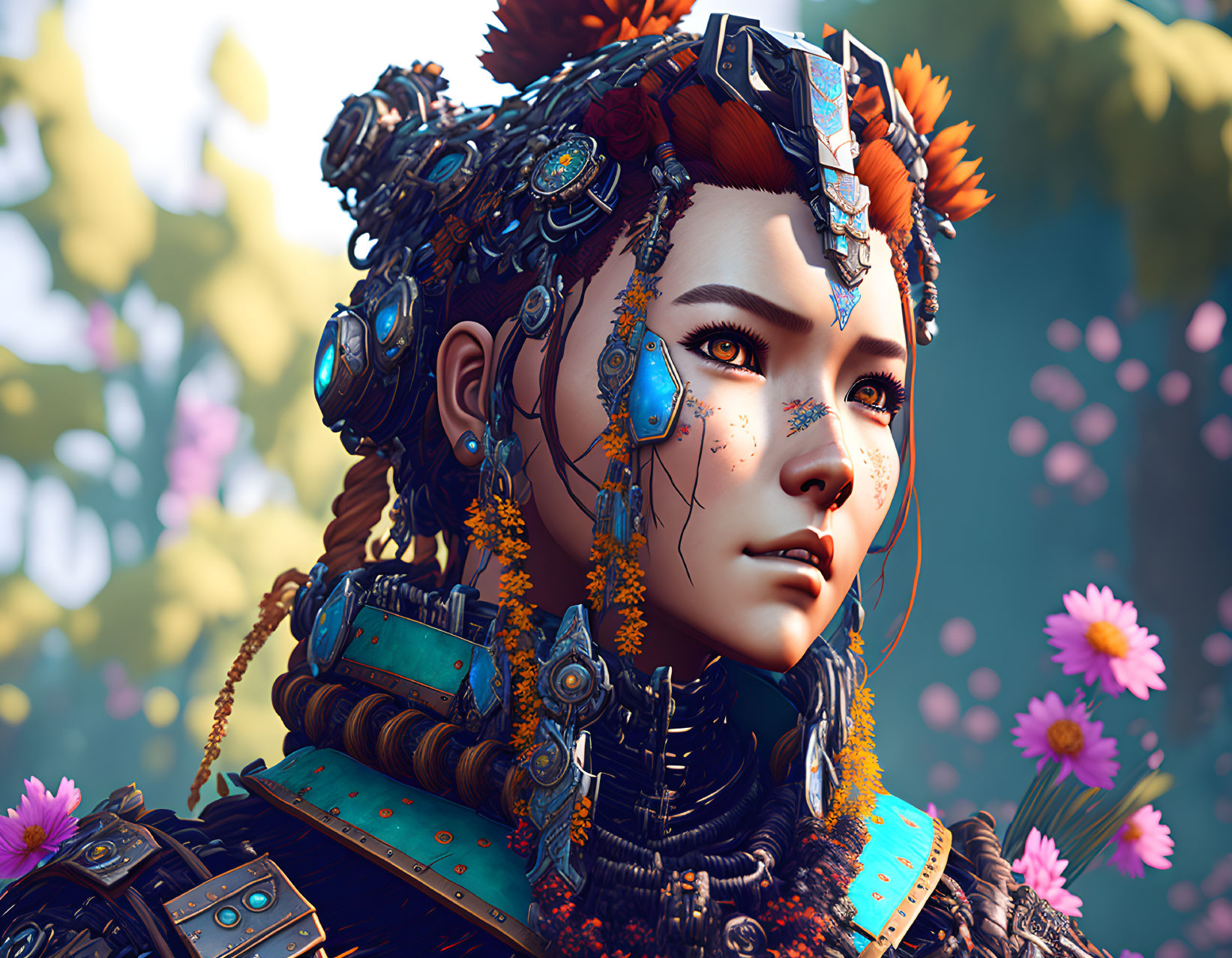 Female character in tribal attire with futuristic blue headphones amidst flowers